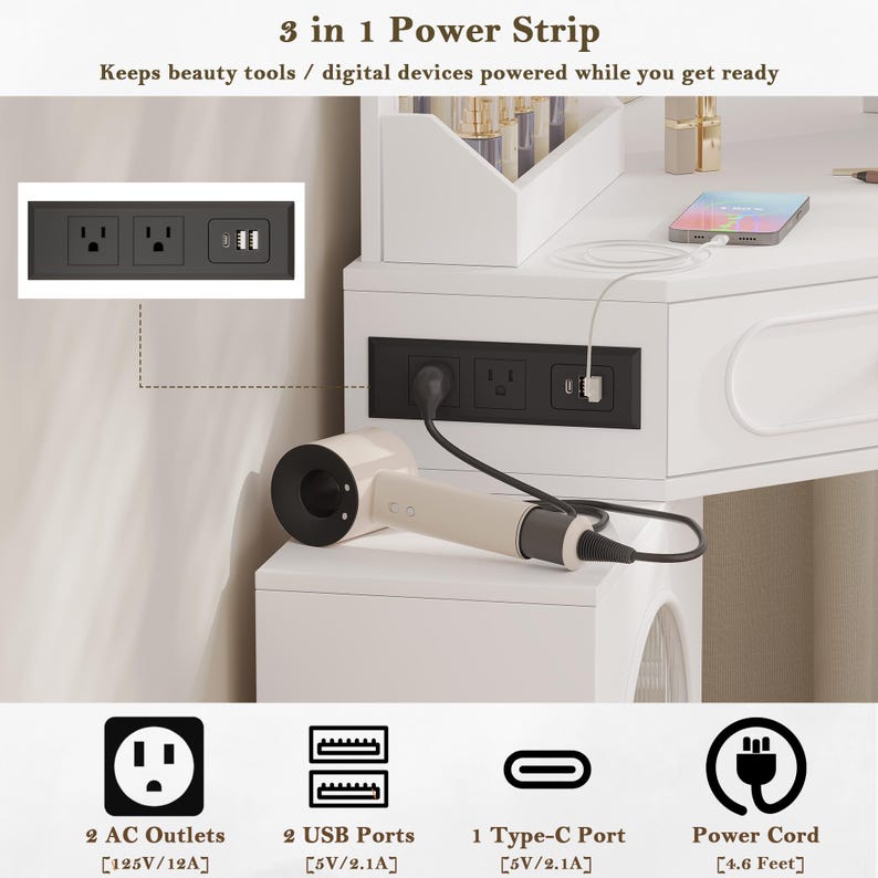 May include: A white vanity with a built-in black 3-in-1 power strip. The power strip has two AC outlets, two USB ports, and one Type-C port. A hairdryer is plugged into the power strip. The text reads "3 in 1 Power Strip".