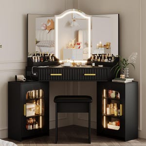 Corner Vanity Desk with Lights, Mirror, Storage Cabinets, Charging Station, Stool zdjęcie 17