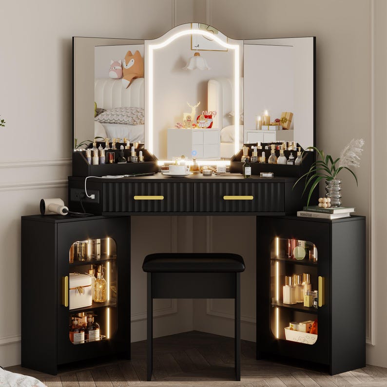 Corner Vanity Desk with Lights, Mirror, Storage Cabinets, Charging Station, Stool zdjęcie 17