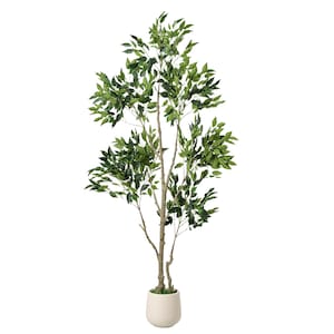 May include: Artificial ficus tree with lush green leaves and a light brown trunk. The tree is planted in a white, rounded pot. The tree is a decorative item for home or office.