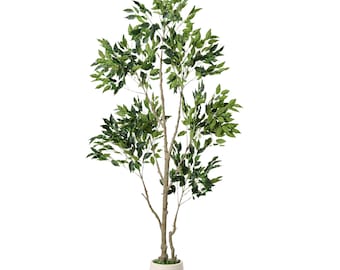 Artificial Ficus Tree, 6Ft Tall Faux Plant In White Pot, Realistic Greenery Decor