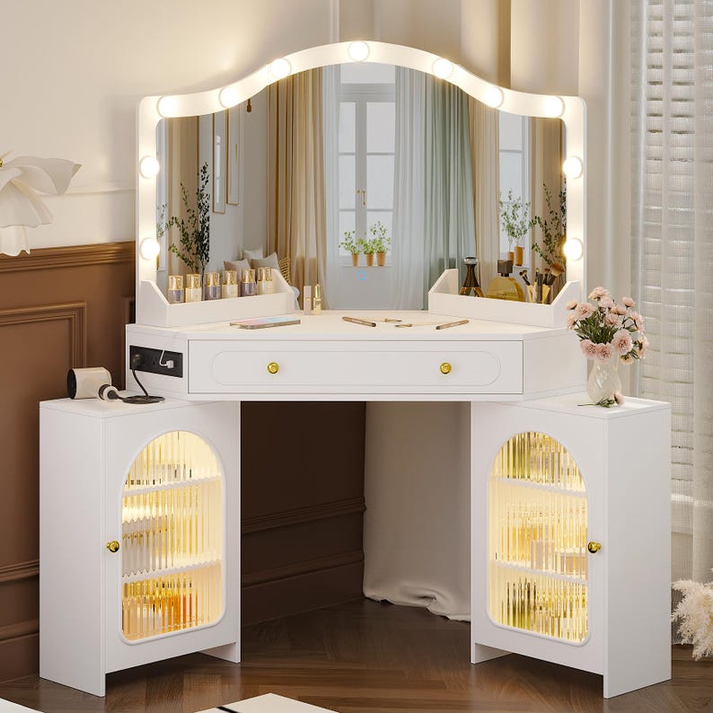 Corner Vanity Desk with 3-Way Mirror, LED Lights, Storage Cabinets, Power Outlet - MDF Wood image 10