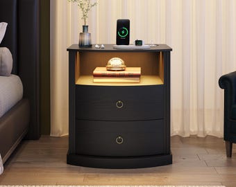 Modern Black Nightstand, LED Lights, USB Charging, 2 Drawers