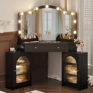 Corner Vanity Desk with 3-Way Mirror, LED Lights, Storage Cabinets, Power Outlet - MDF Wood image 4