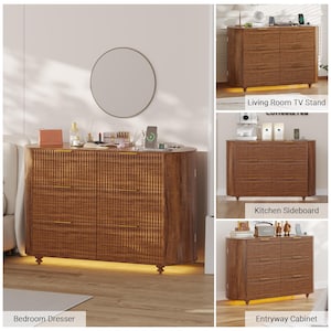 May include: A brown wooden dresser with six drawers and gold-colored handles. The dresser has a textured front and is illuminated by a warm light at the base. The image also shows the dresser as a TV stand, kitchen sideboard, and entryway cabinet.