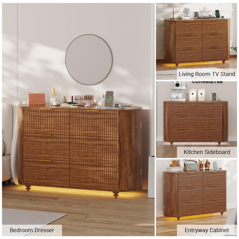 May include: A brown wooden dresser with six drawers and gold-colored handles. The dresser has a textured front and is illuminated by a warm light at the base. The image also shows the dresser as a TV stand, kitchen sideboard, and entryway cabinet.