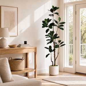 May include: A tall artificial fiddle leaf fig tree with dark green, broad, waxy leaves on a slender brown trunk. The plant is housed in a white, cylindrical, textured pot with a woven pattern, standing upright on a light-colored wooden floor.