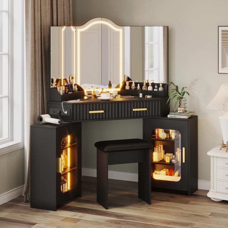 Corner Vanity Desk with Lights, Mirror, Storage Cabinets, Charging Station, Stool zdjęcie 14