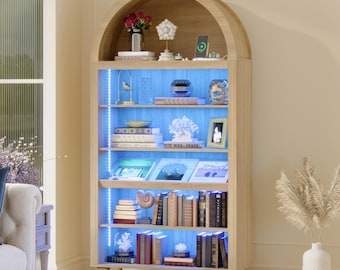 Arched Bookshelf with LED Lights & USB Charging, 6-Tier Bookcase