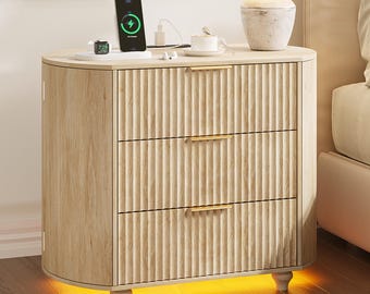 Modern Wood Nightstand, Mid Century Oval Fluted Design, 3 Drawer Bedside Table, LED Light