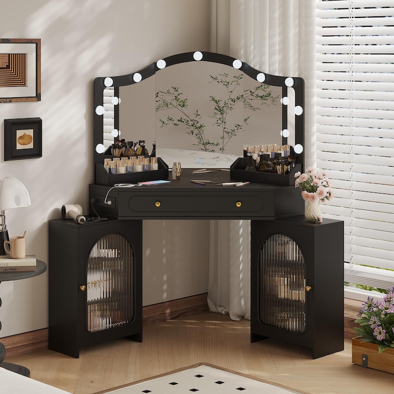 Corner Vanity Desk with 3-Way Mirror, LED Lights, Storage Cabinets, Power Outlet - MDF Wood image 14