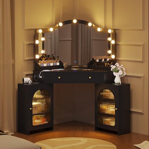 Corner Vanity Desk with 3-Way Mirror, LED Lights, Storage Cabinets, Power Outlet - MDF Wood image 17