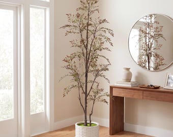 Artificial Nandina Tree, Realistic Faux Plant, White Planter, Indoor Decor