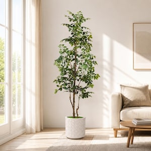 May include: A tall artificial tree with small, vibrant green leaves and a slender brown trunk, housed in a cylindrical white planter featuring a textured, woven-style pattern. The plant stands upright, displaying a dense canopy of foliage.