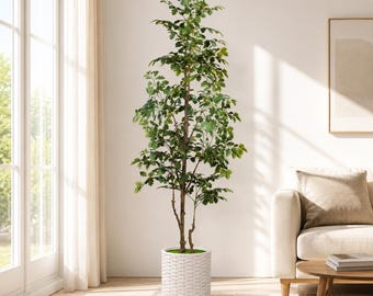 Artificial Oak Tree – Realistic Faux Indoor Plant in White Woven Planter