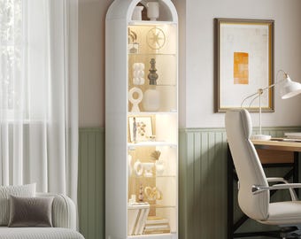 Tall Arched Display Cabinet with Glass Doors, Freestanding Storage Shelving