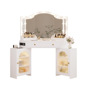 Corner Vanity Desk with 3-Way Mirror, LED Lights, Storage Cabinets, Power Outlet - MDF Wood White