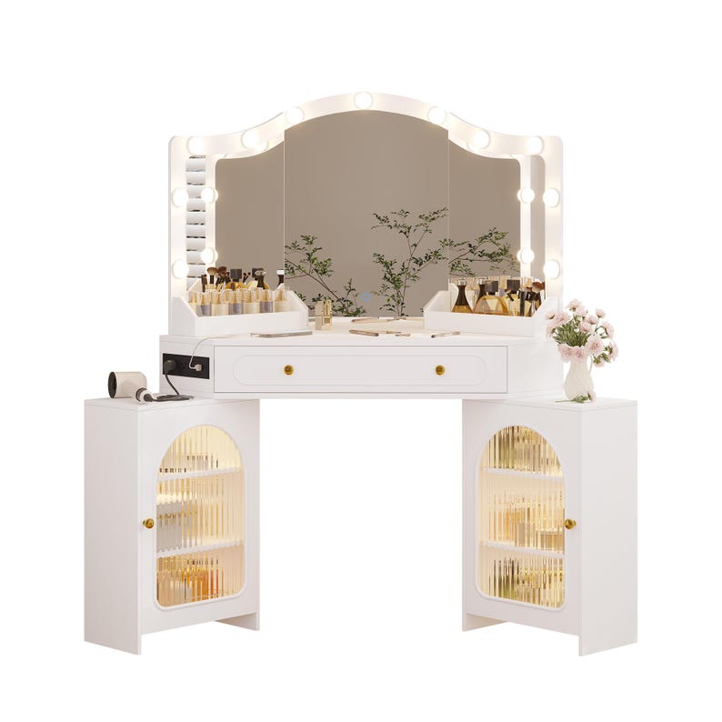 Corner Vanity Desk with 3-Way Mirror, LED Lights, Storage Cabinets, Power Outlet - MDF Wood White