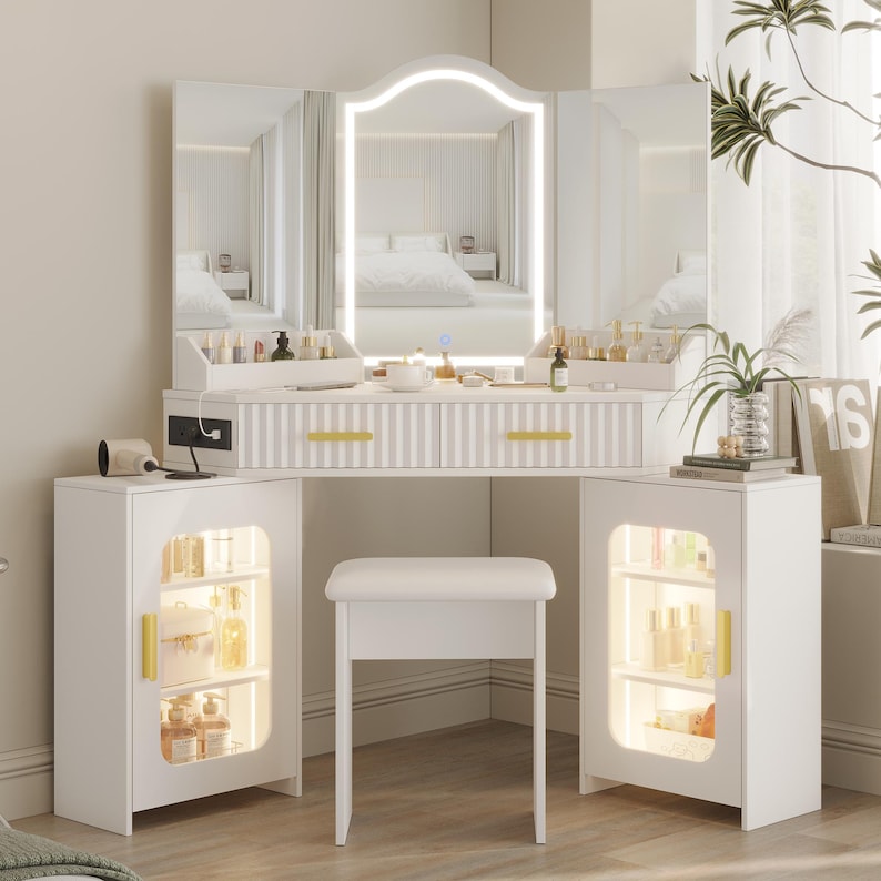 Corner Vanity Desk with Lights, Mirror, Storage Cabinets, Charging Station, Stool zdjęcie 19