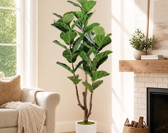 Artificial Fiddle Leaf Fig Tree, 6ft UV Resistant Faux Plant, White Woven Planter