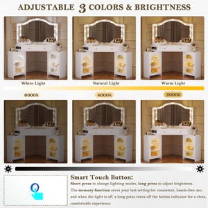 May include: A white vanity table with a large, lighted mirror. The image shows the table with three different light settings: white, natural, and warm. The text reads "ADJUSTABLE 3 COLORS & BRIGHTNESS".