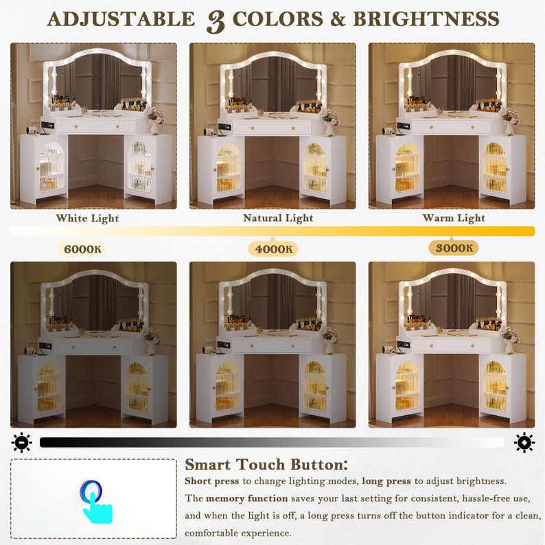 May include: A white vanity table with a large, lighted mirror. The image shows the table with three different light settings: white, natural, and warm. The text reads "ADJUSTABLE 3 COLORS & BRIGHTNESS".