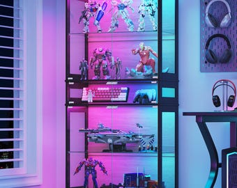65" Tall Display Cabinet, RGB Lighting, Glass Doors, Collectibles Case