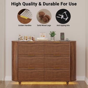 May include: A brown wooden dresser with three drawers and gold-colored handles. The dresser has solid wood legs and includes anti-tipping kits. The text "High Quality & Durable For Use" is at the top of the image.