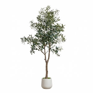 May include: A faux olive tree in a white pot. The tree has a slender brown trunk and is filled with green leaves and small black olives. The pot is a simple, rounded shape.