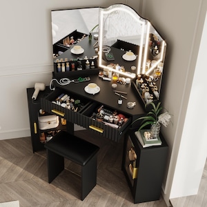 Corner Vanity Desk with Lights, Mirror, Storage Cabinets, Charging Station, Stool zdjęcie 16