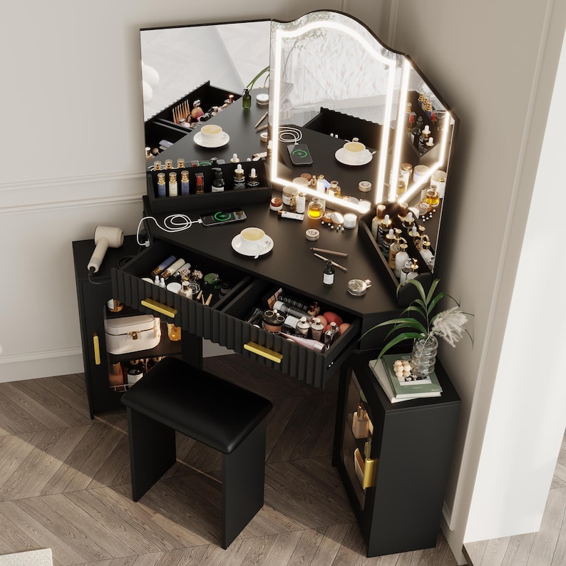 Corner Vanity Desk with Lights, Mirror, Storage Cabinets, Charging Station, Stool zdjęcie 16
