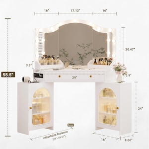 May include: A white vanity table with a large mirror and built-in lights. The vanity has two side cabinets with glass doors, a center drawer, and a total height of 55.5 inches. The mirror is 20.47 inches tall and 17.12 inches wide.