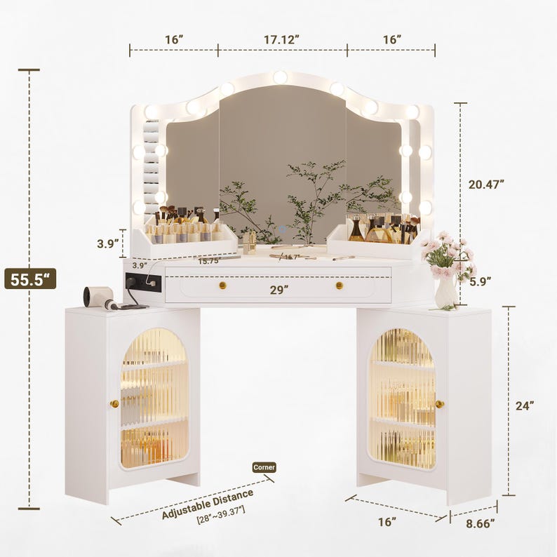 May include: A white vanity table with a large mirror and built-in lights. The vanity has two side cabinets with glass doors, a center drawer, and a total height of 55.5 inches. The mirror is 20.47 inches tall and 17.12 inches wide.
