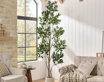 Artificial Ficus Tree, 7Ft Tall Faux Plant In White Pot, Realistic Greenery Decor