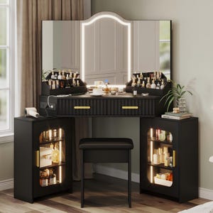 Corner Vanity Desk with Lights, Mirror, Storage Cabinets, Charging Station, Stool Czarny