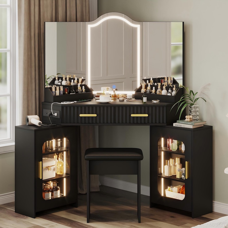 Corner Vanity Desk with Lights, Mirror, Storage Cabinets, Charging Station, Stool Czarny