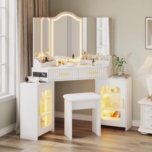 Corner Vanity Desk with Lights, Mirror, Storage Cabinets, Charging Station, Stool zdjęcie 13