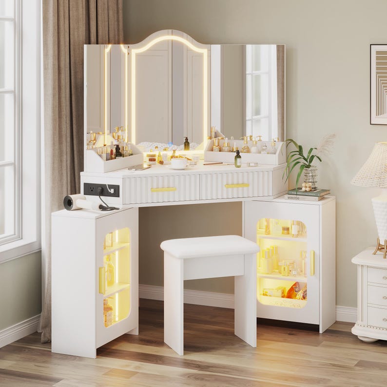 Corner Vanity Desk with Lights, Mirror, Storage Cabinets, Charging Station, Stool zdjęcie 13