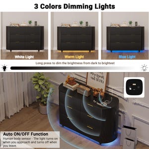 May include: A black dresser with three drawers, gold handles, and three lighting options: white, warm, and blue. The text reads "3 Colors Dimming Lights" and "Auto ON/OFF Function". The dresser has a human body sensor.