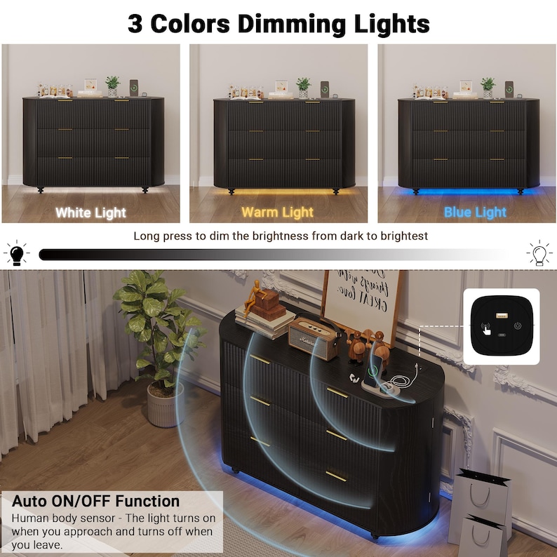May include: A black dresser with three drawers, gold handles, and three lighting options: white, warm, and blue. The text reads "3 Colors Dimming Lights" and "Auto ON/OFF Function". The dresser has a human body sensor.