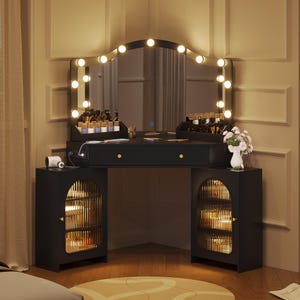 Corner Vanity Desk with 3-Way Mirror, LED Lights, Storage Cabinets, Power Outlet - MDF Wood image 16