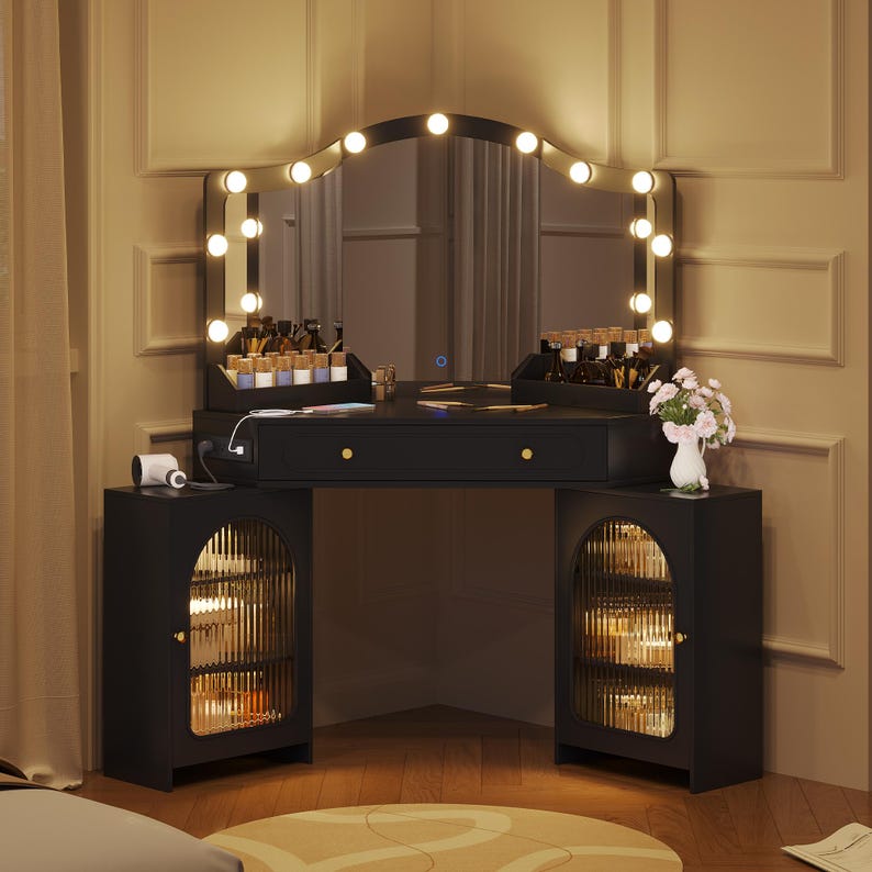 Corner Vanity Desk with 3-Way Mirror, LED Lights, Storage Cabinets, Power Outlet - MDF Wood image 16