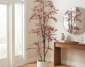 Artificial Nandina Tree, Realistic Red Leaf Faux Floor Plant, Indoor Decor