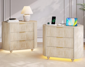 Modern Oval Fluted Nightstand Set, Mid Century 3-Drawer Bedside Table, LED Light