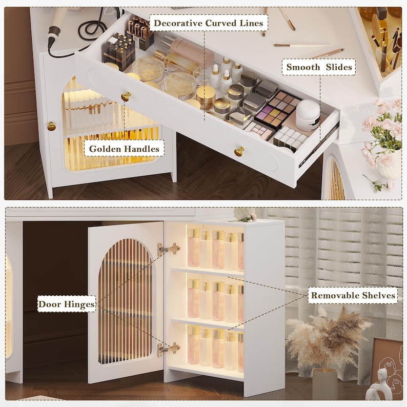 May include: A white vanity with golden handles, decorative curved lines, and smooth slides. The vanity features removable shelves and a cabinet with a door. The drawers are open, revealing cosmetics and beauty products. The vanity is illuminated with interior lighting.
