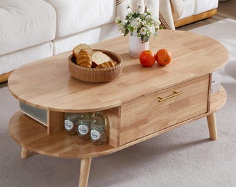 Oval Solid Wood Coffee Table, Modern Living Room Center Table with Storage (47.2")