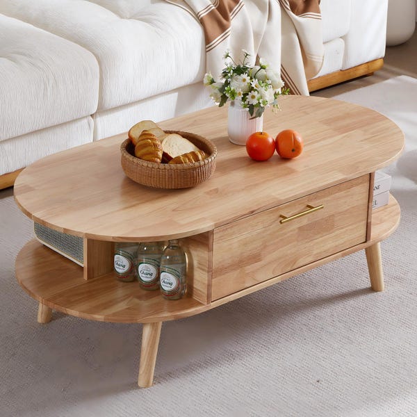 Table basse ovale en bois massif, table centrale de salon moderne avec rangement (47,2 po.)