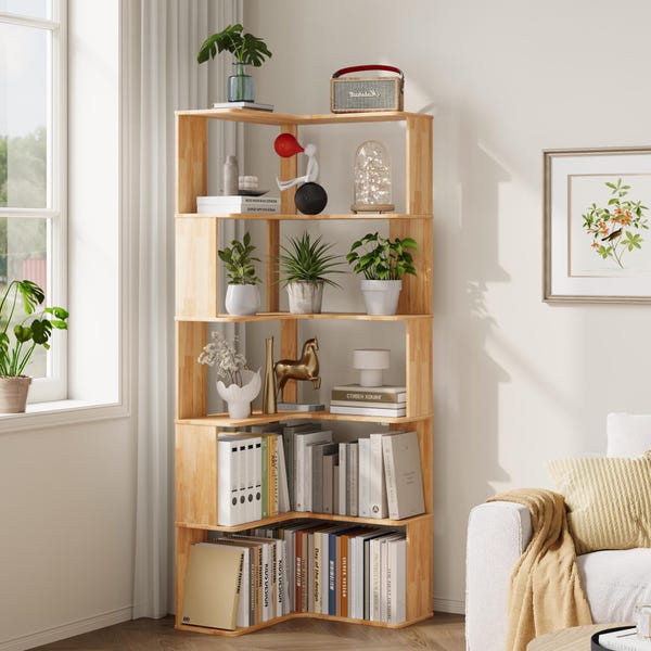 Solid Wood Corner Shelf – 5 Tier Bookshelf for Small Spaces