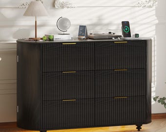 Fluted 6-Drawer Dresser, Modern Wood Storage Cabinet with Golden Handles - MDF & Solid Wood Legs