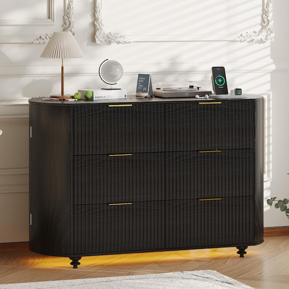 Fluted 6-Drawer Dresser, Modern Wood Storage Cabinet with Golden Handles